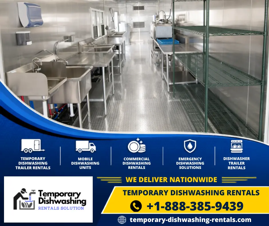 Stainless commercial equipment inside a temporary dishwashing facility