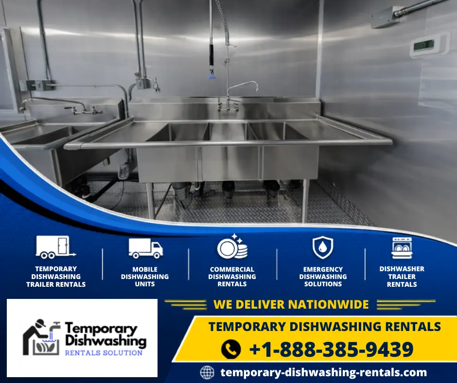 Three-compartment sink inside a temporary dishwashing trailer